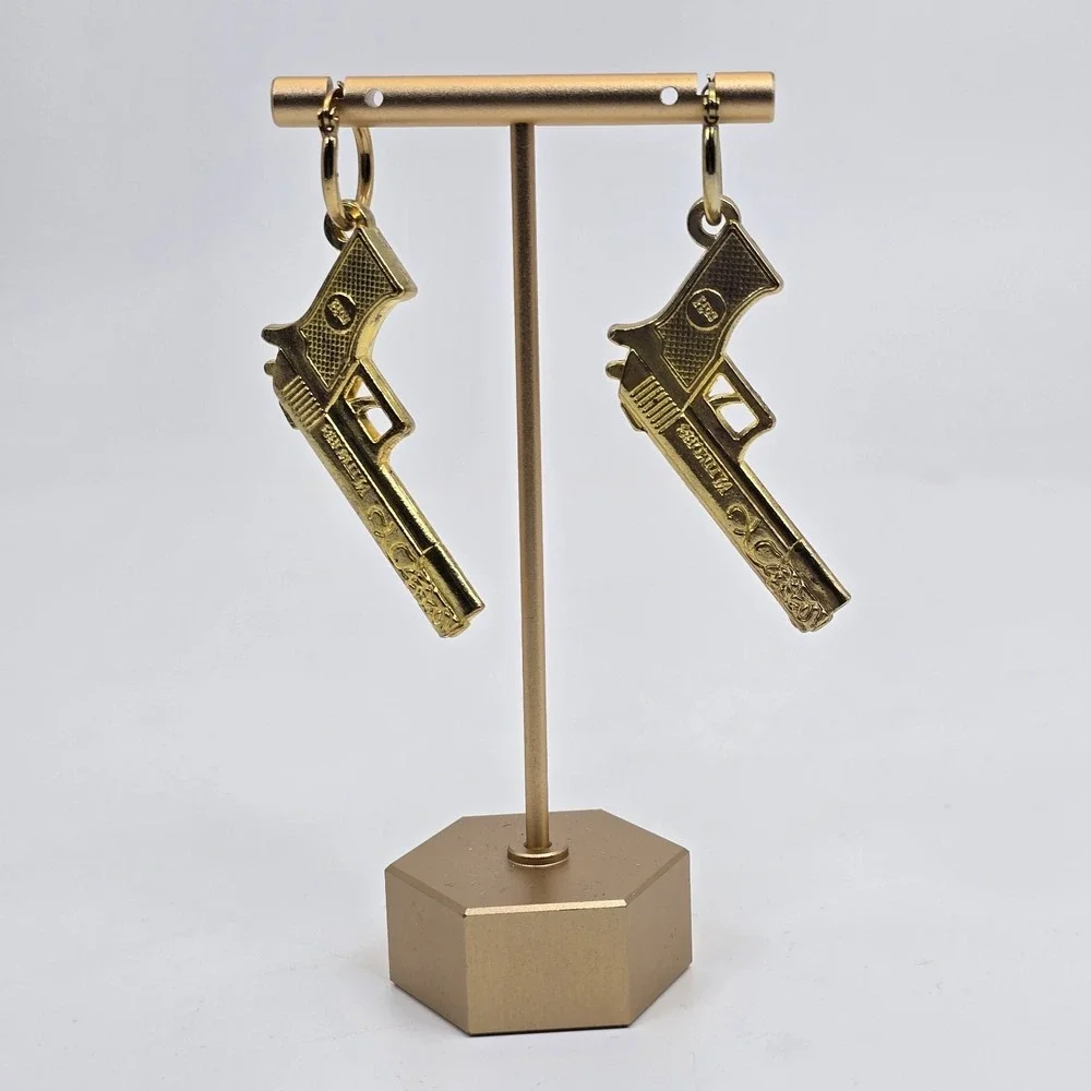 Vintage Gold Tone Pistol Gun Dangle Earrings Novelty Statement Western Cowgirl